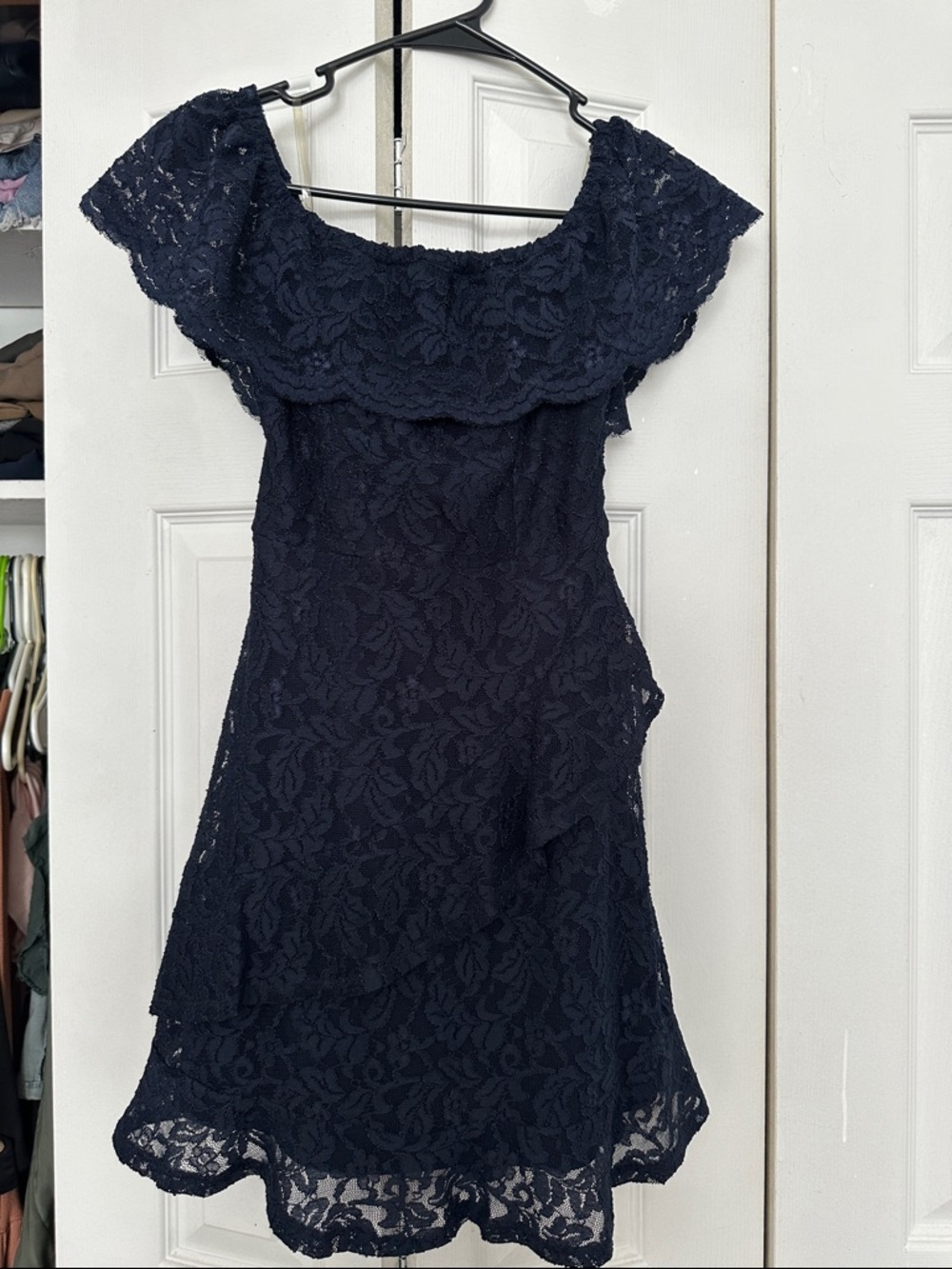 Xtraordinary Navy One-Shoulder Lace Dress